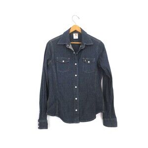 Carhartt Pearl Snap Denim Dark Blue Jean Western Cowboy Shirt Womens Size Medium